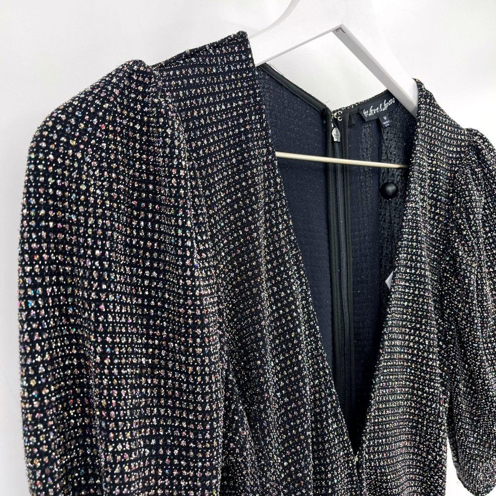 For Love & Lemons Black Margaux Glitter Deep V Ruched Mini Dress Womens M NWT - Picture 3 of 12